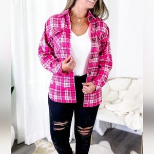 Davi & Dani Hot Pink Plaid Button Up Long Sleeve Shacket/Jacket